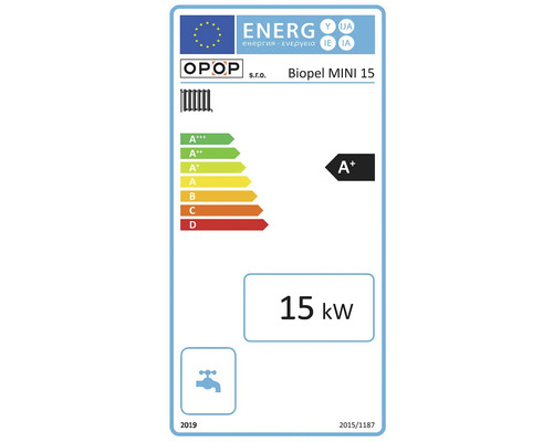 Energetický štítek pro Biopel MINI 15 od OPOP s.r.o., třída energetické účinnosti A+, 15 kilowatt