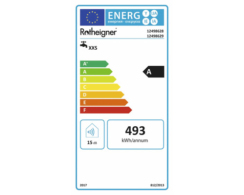 Energetický štítek pro vodovodní kohoutek Rotheigner, třída energetické účinnosti A, spotřeba 493 kWh za rok