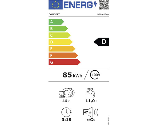 Energetický štítek s třídou energetické účinnosti D, spotřeba energie 85 kilowatthodin na 100 cyklů, 14 sad nádobí, spotřeba vody 11,0 litrů, hlučnost 47 decibelů, doba trvání programu 3 hodiny 18 minut