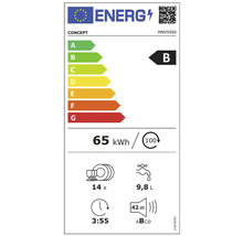 Energetický štítek s třídou energetické účinnosti B, spotřeba energie 65 kilowatthodin na 100 mycích cyklů, 14 sad nádobí, spotřeba vody 9,8 litru, doba trvání programu 3 hodiny 55 minut, hlučnost 42 decibelů
