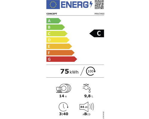 Energetický štítek s třídou energetické účinnosti C, spotřebou 75 kWh na 100 cyklů mytí, 14 sadami nádobí, spotřebou vody 9,8 litru, dobou trvání programu 3 hodiny 40 minut a hlučností 44 decibelů.