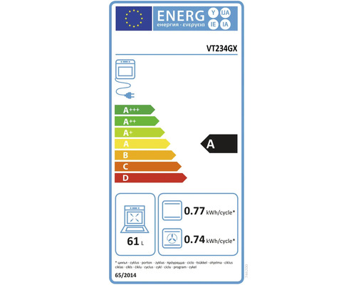 Energetický štítek VT234GX s třídou energetické účinnosti A, objemem 61 litrů a spotřebou energie 0,77 kWh na cyklus