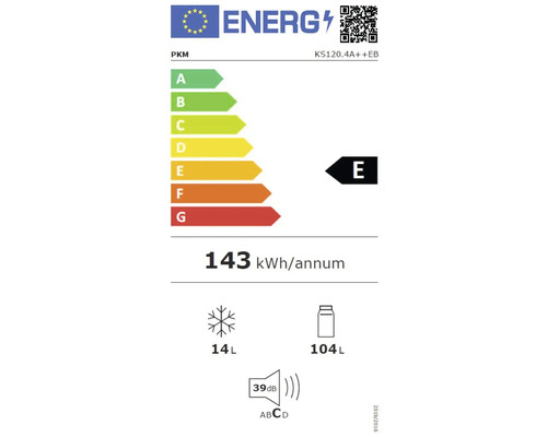 Energetický štítek PKM KS120.4A++EB s třídou energetické účinnosti E, roční spotřebou energie 143 kWh, objem mrazicího prostoru 14 litrů a objem chladicího prostoru 104 litrů