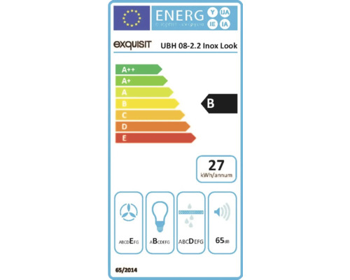 Energetický štítek pro digestoř Exquisit UBH 08-2.2 Inox Look s třídou energetické účinnosti B, roční spotřebou energie 27 kilowatthodin a hlučností 65 decibelů