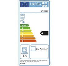 Energetický štítek EU pro troubu VT111GX, energetická třída A, 0,77 kilowatthodin na cyklus, objem 67 litrů.