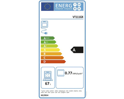 Energetický štítek EU pro troubu VT111GX, energetická třída A, 0,77 kilowatthodin na cyklus, objem 67 litrů.