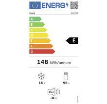Energetický štítek pro Htech WR2202 s třídou energetické účinnosti E, roční spotřebou energie 148 kilowatthodin, objemem mrazicího prostoru 16 litrů a objemem chladicího prostoru 96 litrů a hlučností 35 decibelů.