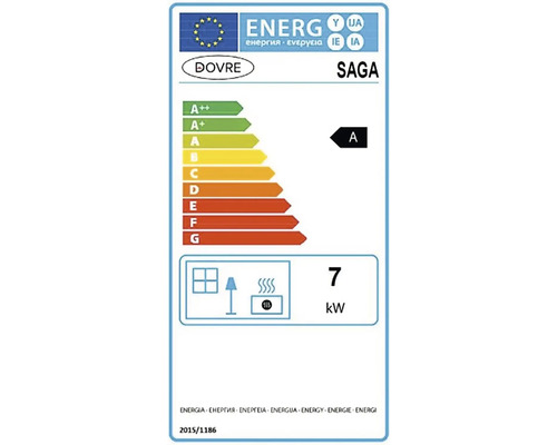 Energetický štítek Dovre Saga s třídou energetické účinnosti A a topným výkonem 7 kilowatt
