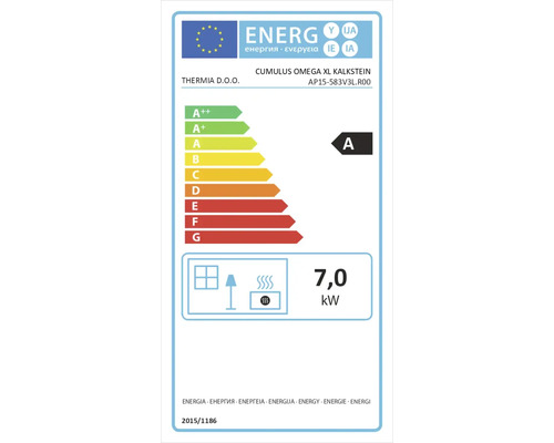 Evropský energetický štítek pro Cumulus Omega XL Kalkstein od Thermia s energetickou třídou A a tepelným výkonem 7,0 Kilowatt.