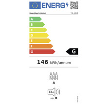 Energetický štítek s třídou energetické účinnosti G, spotřeba energie 146 kWh za rok, 8 lahví a 42 decibelů
