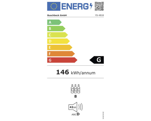 Energetický štítek s třídou energetické účinnosti G, spotřeba energie 146 kWh za rok, 8 lahví a 42 decibelů