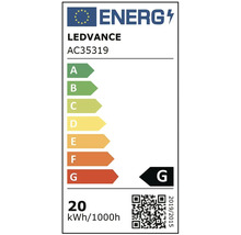 Energetický štítek EU pro Ledvance AC35319, třída energetické účinnosti G, spotřeba energie 20 kilowatthodin na 1000 hodin.
