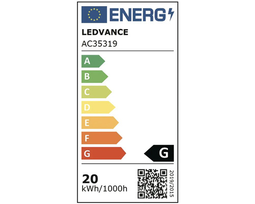 Energetický štítek EU pro Ledvance AC35319, třída energetické účinnosti G, spotřeba energie 20 kilowatthodin na 1000 hodin.