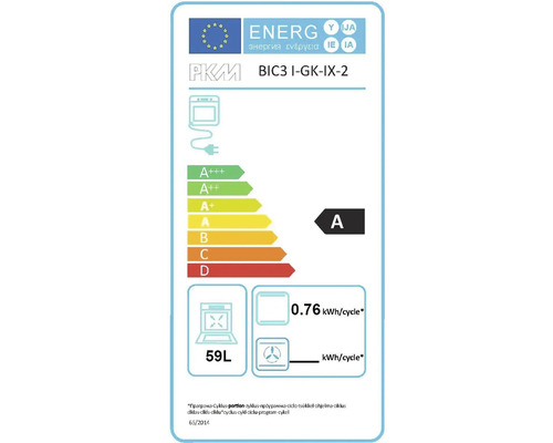 Energetický štítek EU pro troubu PKM BIC3 I-GK-IX-2, energetická třída A, objem 59 litrů, spotřeba 0,76 kilowatthodiny na cyklus.
