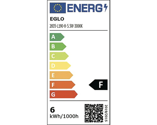 Evropský energetický štítek pro EGLO model 2835-L190-8-5.5 Watt-3000 Kelvin, energetická třída F, 6 kilowatthodin na 1000 hodin.