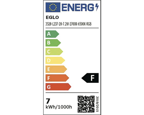 Evropský energetický štítek pro Eglo, třída energetické účinnosti F na stupnici od A do G, spotřeba energie 7 kilowatthodin na 1000 hodin.
