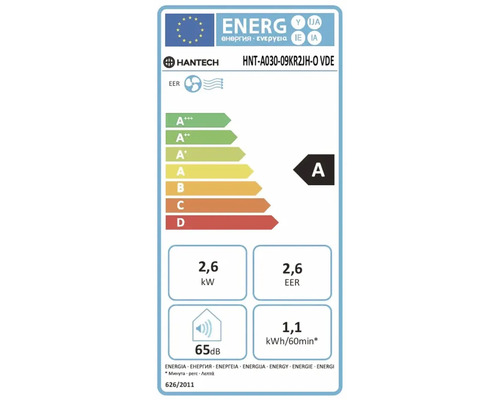 Energetický štítek EU pro klimatizaci Hantech HNT-A030-09KR2JH-O VDE, třída A, chladicí výkon 2,6 kilowatt, hlučnost 65 decibelů.