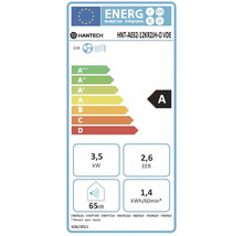 Hantech Logo, energetický štítek, energetická třída A, chladicí výkon 3,5 kilowatt, koeficient energetické účinnosti 2,6, hladina hluku 65 decibelů.