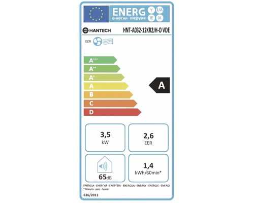 Hantech Logo, energetický štítek, energetická třída A, chladicí výkon 3,5 kilowatt, koeficient energetické účinnosti 2,6, hladina hluku 65 decibelů.