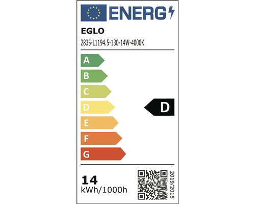 Evropský energetický štítek Eglo 2835-L1194.5-130-14W-4000K, třída D na stupnici A až G, spotřeba 14 kilowatthodin na 1000 hodin.