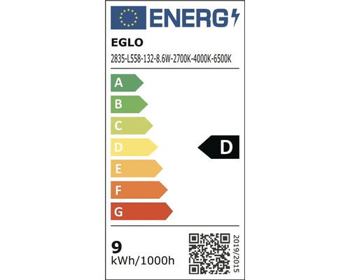 Evropský energetický štítek pro Eglo, třída D na stupnici od A do G, spotřeba 9 kilowatthodin na 1000 hodin.