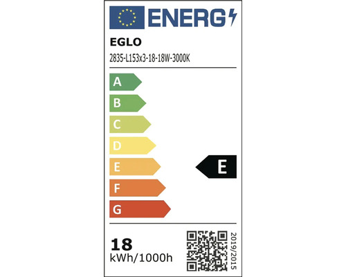 Energetický štítek EU pro EGLO 2835-L153x3-18-18W-3000K, třída energetické účinnosti E, 18 kilowatthodin na 1000 hodin.