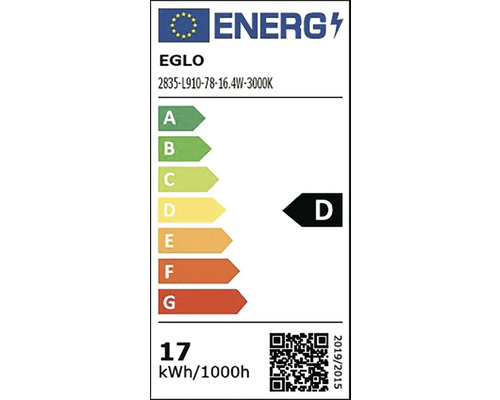 Energetický štítek pro EGLO model 2835-L910-78-16.4W-3000K, třída energetické účinnosti D, 17 kilowatthodin na 1000 hodin.