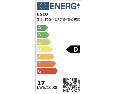 Energetický štítek EU pro EGLO, třída energetické účinnosti D na stupnici od A do G, spotřeba 17 kilowatthodin na 1000 hodin.
