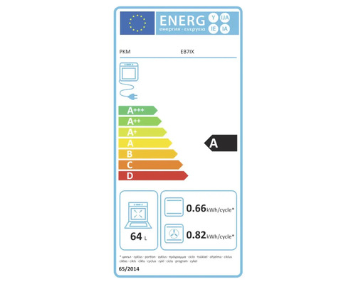 Energetický štítek EU pro troubu PKM EB7IX, třída energetické účinnosti A, objem trouby 64 litrů, spotřeba energie 0,66 až 0,82 kilowatthodin na cyklus.