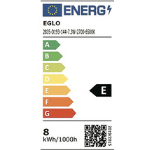 Energetický štítek EU pro Eglo, energetická třída E, spotřeba energie 8 kilowatthodin na 1000 hodin.