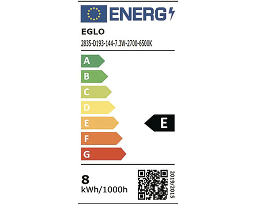 Energetický štítek EU pro Eglo, energetická třída E, spotřeba energie 8 kilowatthodin na 1000 hodin.