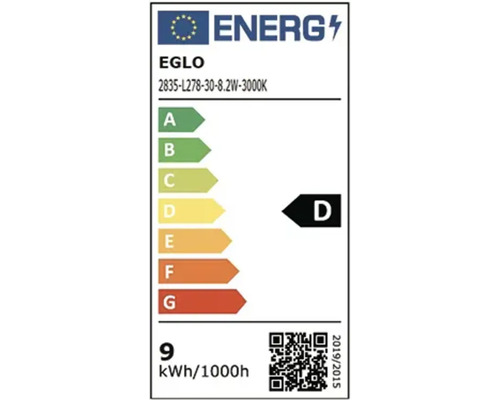 Evropský štítek energetické účinnosti pro model EGLO 2835-L278-30-8.2W-3000K, energetická třída D, 9 kilowatthodin na 1000 hodin.