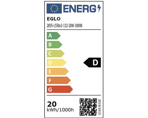 Energetický štítek Evropské unie pro světelný zdroj Eglo, třída energetické účinnosti D, spotřeba energie 20 kilowatthodin na 1000 hodin.