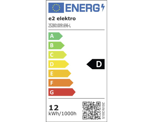Evropský energetický štítek e2 elektro, třída energetické účinnosti D, spotřeba energie 12 kilowatthodin na 1000 hodin.