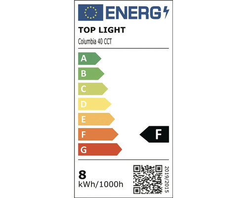 Energetický štítek EU pro TOP LIGHT Columbia 40 CCT, třída energetické účinnosti F, spotřeba 8 kilowatthodin na 1000 hodin.