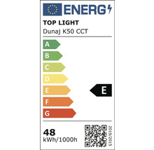 Energetický štítek Evropské unie pro TOP LIGHT Dunaj K50 CCT, třída energetické účinnosti E, 48 kilowatthodin na 1000 hodin.