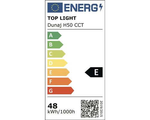 Evropský energetický štítek třídy E pro Top Light Dunaj H50 CCT se spotřebou 48 kilowatthodin na 1000 hodin.