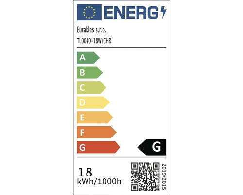 Evropský energetický štítek Eurakles s.r.o. model TL0040-18W/CHR, třída G, spotřeba 18 kilowatthodin na 1000 hodin.