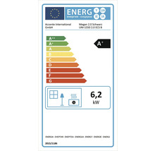 Evropský energetický štítek pro krbová kamna Accente International Megan 2.0, energetická třída A plus a tepelný výkon 6,2 kilowatt.