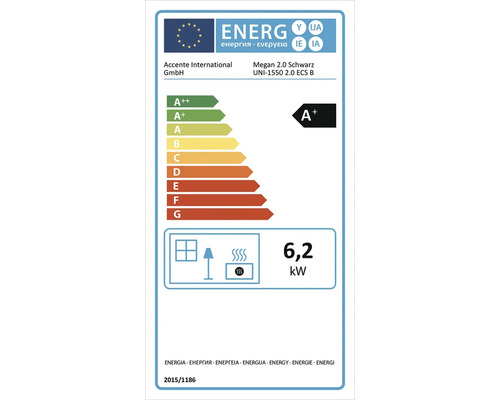 Evropský energetický štítek pro krbová kamna Accente International Megan 2.0, energetická třída A plus a tepelný výkon 6,2 kilowatt.