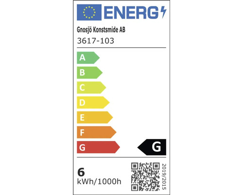 Evropský energetický štítek Gnosjö Konstsmide AB pro model 3617-103, energetická třída G, 6 kilowatthodin na 1000 hodin.