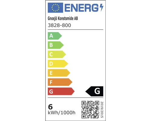 Evropský energetický štítek pro Gnosjö Konstsmide AB 3828-800, třída energetické účinnosti G, 6 kilowatthodin na 1000 hodin.