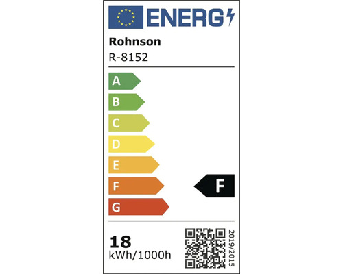 Energetický štítek EU pro Rohnson R-8152 s třídou energetické účinnosti F a spotřebou energie 18 kilowatthodin na 1000 hodin.