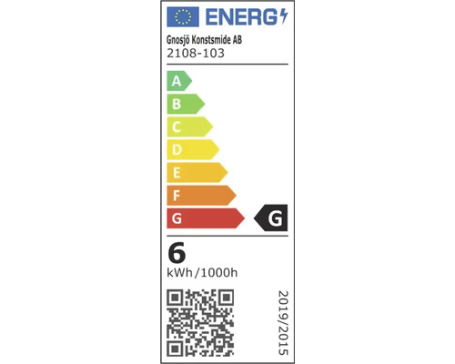 Energetický štítek EU pro Gnosjö Konstsmide AB 2108-103, energetická třída G, spotřeba 6 kilowatthodin na 1000 hodin.