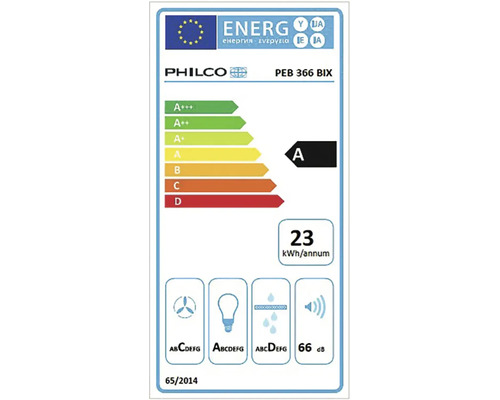 EU energetický štítek pro Philco PEB 366 BIX, energetická třída A, 23 kilowatthodin za rok, 66 decibelů.