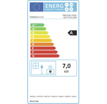 Energetický štítek pro Thermia DOO Prestige Stahl A25-571V1 R00, energetická třída A, jmenovitý tepelný výkon 7,0 kilowattů.