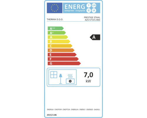 Energetický štítek pro Thermia DOO Prestige Stahl A25-571V1 R00, energetická třída A, jmenovitý tepelný výkon 7,0 kilowattů.