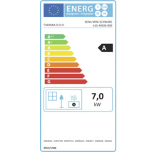 Evropský energetický štítek pro Thermia Xena Mini Schwarz, energetická třída A, tepelný výkon 7,0 kilowattů.