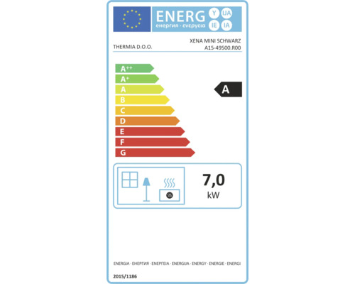 Evropský energetický štítek pro Thermia Xena Mini Schwarz, energetická třída A, tepelný výkon 7,0 kilowattů.