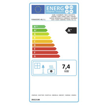 Energetický štítek EU pro kamna Panadero s třídou energetické účinnosti A plus a výkonem 7,4 kilowattů.